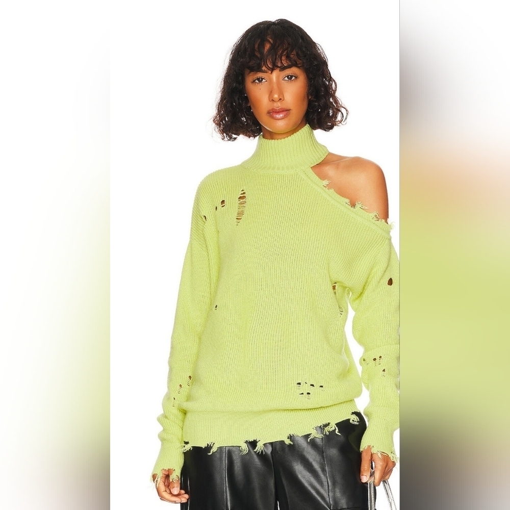 Lovers & Friends Arlington Lime  Distressed/Ripped Cold Shoulder Sweater Sz XS